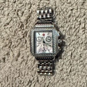 Silver Watch with Crystal Accents and Mother of Pearl face